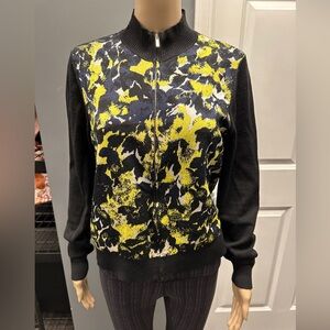 St. John Black & Yellow Print Zip Sweater size M